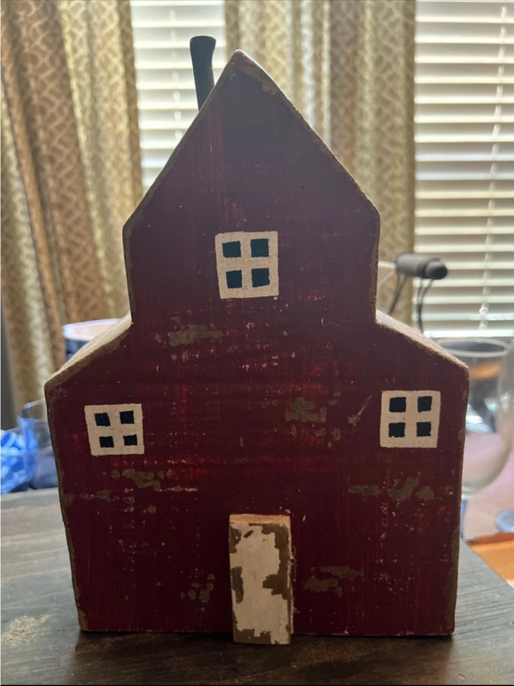 Rustic Red Wooden House Accent - Farmhouse Tabletop Decor
